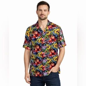 Denim & Flower Floral Hawaiian Shirt Large Tropical Vacation Button Up